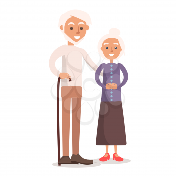 Grandfather in sweater and trousers with beard and wooden cane stands beside grandmother in long skirt and purple jacket isolated vector illustration.
