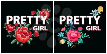 Pretty girl, set of posters with red roses in bloom, depicted with black contours, title and flowers on vector illustration isolated on black
