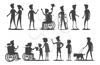 People with disabilities vector illustration. Silhouettes of humans on wheelchairs or on prostheses walking, winning, accepts congratulations