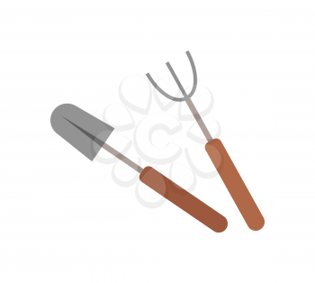 Shovel and rake garden tools isolated. Vector gardening equipment, work instruments farmers fork and pitchfork, metal objects with handle for cultivation