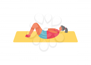 Fitness and exercise, woman doing sit-ups on rug vector. Healthy lifestyle and workout, physical activity and morning training isolated female character