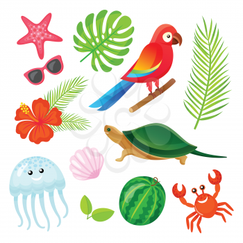 Parrot bird, fern leaves, crab and shell, jellyfish and watermelon, sunglasses and starfish. Summer elements or tropical objects isolated on white vector