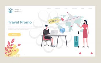 Travel promo 50 percent off vector, proposition from travel agency sale on tours and touristic destinations, client at office with valise, operator.Website or webpage template, landing page flat style
