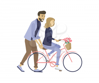 Man helping driving woman, dating of couple, romantic walking, going by bicycle decorated by flower, girl on cycle with blossom, activity and lovers vector