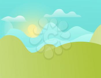 Green hills and blue sky with bright shining sun vector landscape. Spring scenery with mountains color outdoor background in flat design cartoon style