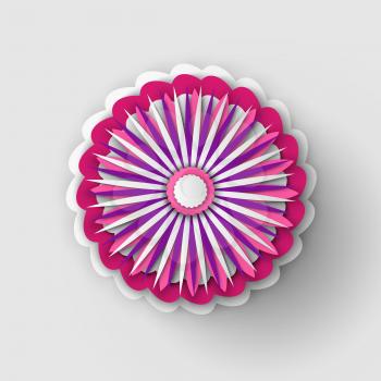 Pink flower origami with petals decoration, blooming and blossom, decor made of purple paper. Colorful Japanese style daisy or sakura in flat style