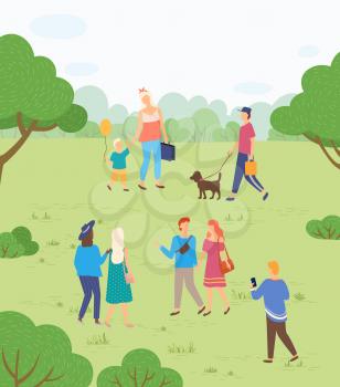 Outdoor activity on nature, people walking in park. Mother and son, guy with dog, couples and friends among trees and bushes on green meadow. Funny spending time on harvest festival. Flat cartoon