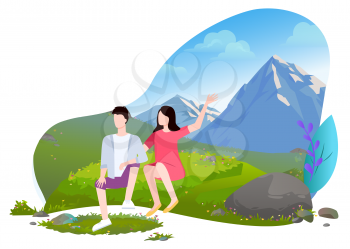 Loving couple sitting on meadow in front of mountain view. Man and woman hikers on brake , relaxing and enjoying beautiful landscape vector illustration. Mountain tourism. Flat cartoon