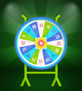 Wheel of fortune with prize stakes on stand isolated on green. Casino gambling game icon, vegas entertainment device, betting and leisure activities