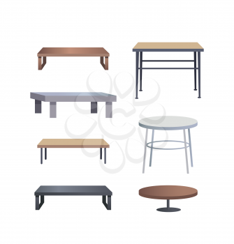 Stylish modern wooden and metal coffee tables of rectangular and round shapes isolated cartoon flat vector illustrations set on white background.