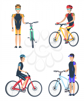 Bicyclist smiling, poster collection with men wearing uniform and riding bikes, happy emotions and motion, vector illustration, isolated on white
