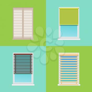 Four patterns of various multicolored jalousies vector illustration with rectangular blinds fixed on grey and white frames isolated on green and blue
