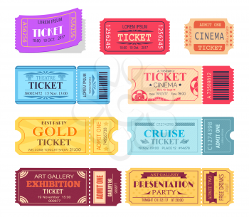 Ticket and presentation party in art gallery, cinema and cruise trip, samples with text and date, vector illustration isolated on white background