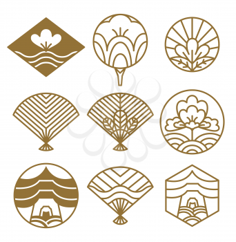 Japanese icons flowers set, circles serving as frame and images of traditional plants in blossom, vector illustration isolated on white background