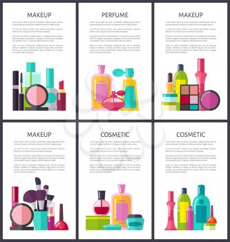 Makeup and perfume, cosmetic products, collection of text sample and beauty items, objects set vector illustration, isolated on white background