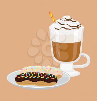 Cappuccino poured in cup, with straw and foam, and sweet bakery with decoration on top and chocolate topping, isolated on vector illustration