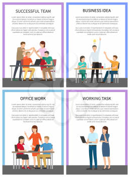 Successful working team business idea banners vector illustration, text sample, colorful frames, gadgets on tables, lot of workers, white background