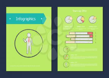 Infographics and start up offer, posters with headline and text samples, human in circle, and diagrams with explanation, vector illustration