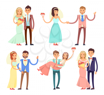 Newlyweds collection, couples dancing and having fun, brides in dresses holding bouquets and grooms wearing suits, isolated on vector illustration