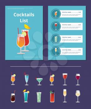 Cocktail list advertisement poster closeup of lemonade full of bubbles vector illustration of drinks ingredients, types and price on blue background