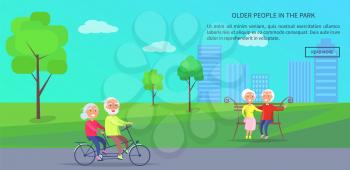 Old people in the park vector banner with happy mature couple riding bike on background of skyscrapers, husband and wife on retirement sit on bench