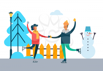 Happy couple dancing on skates outdoors with snowman on background, man and woman having fun together vector illustration winter sport activities