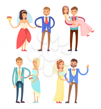 Brides and grooms collection, woman wearing untraditional wedding dress with veil, groom holds wife, happiness isolated on vector illustration