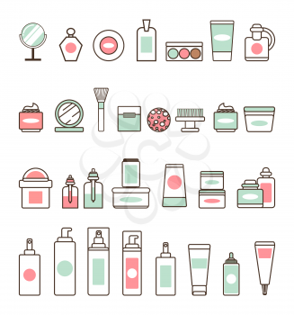 Decorative and skincare cosmetics isolated minimalistic cartoon flat vector illustrations set on white background. Bottles of beauty means outline.