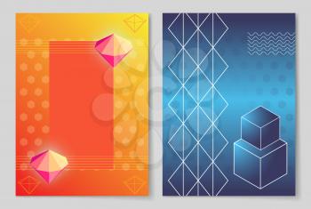 Bright luminous sparkly diamonds, simple geometric shapes and patterns vector illustrations on glossy backgrounds. Abstract futuristic posters set.