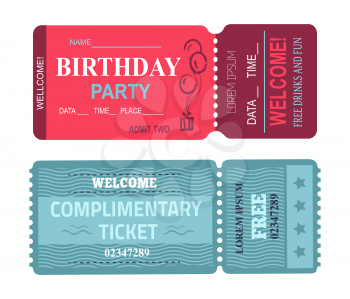 Birthday party welcome, card with date and place, free drinks and fun, complimentary ticket, collection vector illustration isolated on white