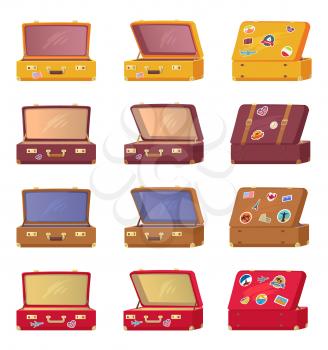 Open suitcases back front view with memory cards symbols of different countries, transportation cases with nostalgia objects vector illustration set