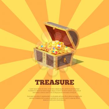 Treasure poster, with open chest, headline and sample text, coins and cup with diamonds, pearl necklace, vector illustration, isolated on stripes