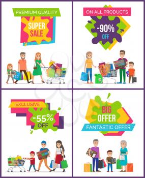 Super sale premium quality set of four posters with discount clearance on colorful stickers. Vector illustration contains happy families with purchases