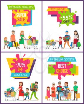 Premium quality super sale, exclusive -55 off, set of placards with images of family with bags and shopping carts on vector illustration