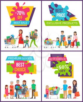 Exclusive products best price set of four posters with sale promotion on white background. Vector illustration with happy families and full shopping bags