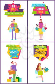 Big sale only this weekend, special price, set of banners with man and women happy because of shopping, bags and presents vector illustration