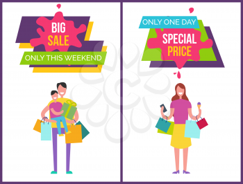 Big sale only this weekend, only one day special price posters with images and headline samples in frames vector illustration isolated on white