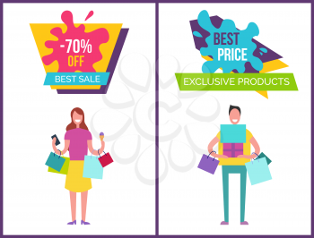 -70 best sale and price exclusive products, collections of banners with headlines and man with woman carrying bags and presents vector illustration