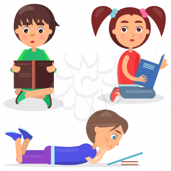 Concept of reading kids sitting, lying on floor and holding colored favorite books vector illustration isolated on white background