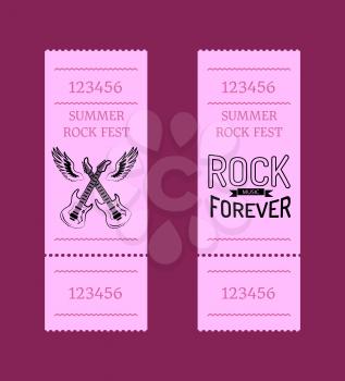 Summer rock festival collection of tickets with text and figures. Isolated vector illustration of criss-crossed electric guitars with pair of wings