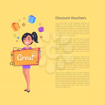 Discount voucher with smiling girl dreaming about boxes with presents holding billboard in hand with text great. Vector illustration with woman and sale banner