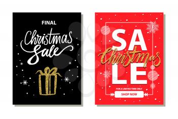Christmas sale, for limited time only, promotional placards set posters made up of letterings, icon of present with bow, frame on vector illustration