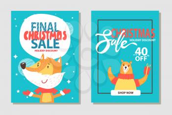 Christmas sale, up to 40 off, placards collection with animals, fox and bear dressed in yellow sweater and lettering isolated on vector illustration