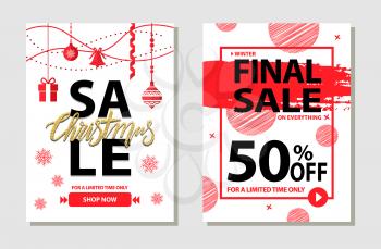 Winter final sale on everything, 50 off for limited time only, posters set with offers dedicated to Christmas and holidays on vector illustration