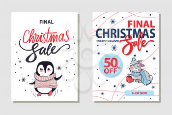 Discount and final Christmas sale, shop now, penguin wearing sweater and rabbit sitting with present, images and headlines on vector illustration