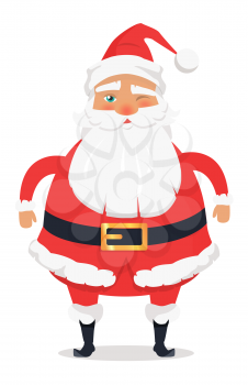 Santa Claus with one closed eye winks and wishes Happy New Year isolated on white. Father Christmas decorative statue in cartoon design. Funny magic character flat vector in winter holiday concept.