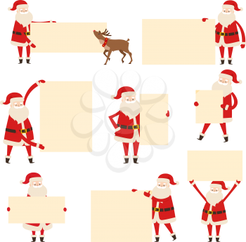 Santa with empty banner isolated on white. Editable element of Christmas card invitation poster. Flat sheet of paper in the hands of cartoon character with deer helper, set of vector illustrations