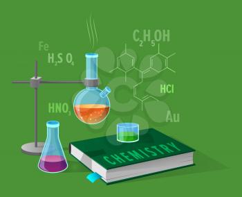 Chemistry class isolated illustration on green. Cartoon style glass lab flasks with liquids of different colors, school textbook and chemical elements