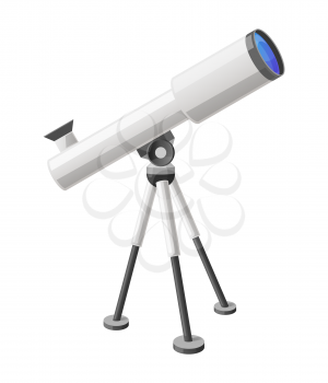 Close-up of modern refractor telescope with steel tripod isolated vector illustration on white background. View from right cartoon style