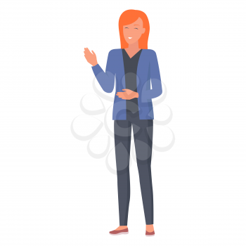Smiling redhead woman gestures by hands during talk vector illustration isolated on white. Female use non verbal body language signs during discussion